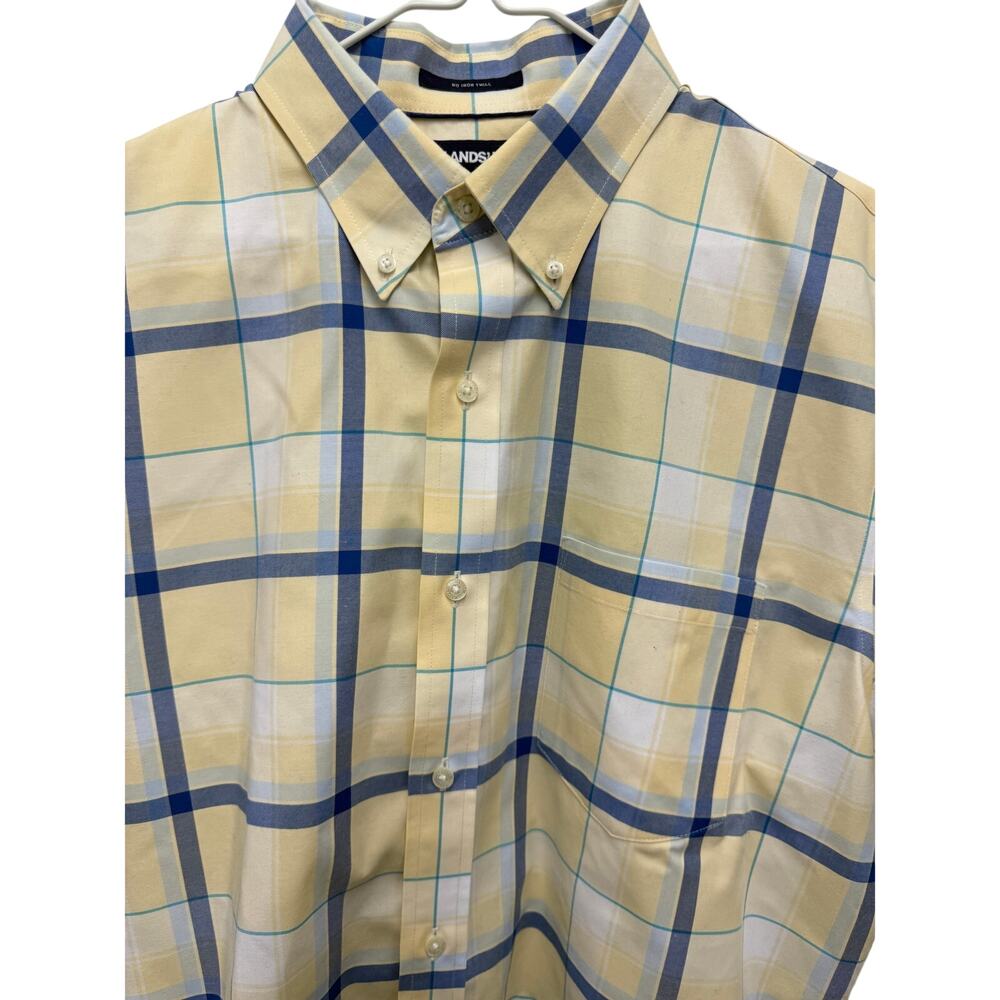 Lands’ End Shirt Men's L Yellow Blue Plaid Button Up 100% Cotton Short Sleeve